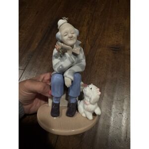Clown & Poodle Bichon Dog Porcelain Figurine PS Design 2002 Flower Blue Vintage